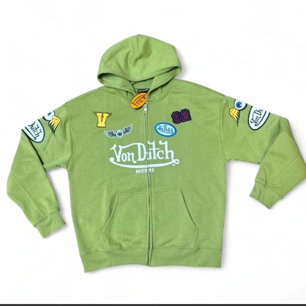 NWT Von Dutch Green Logo Jacket With Hood & Patches. Size M